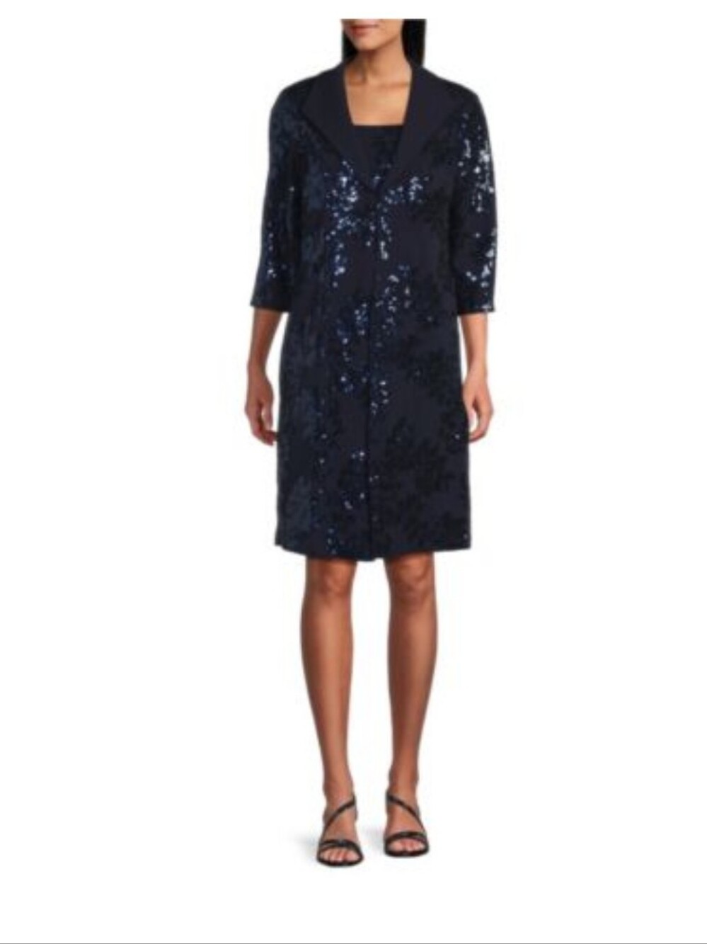 Alex Evenings Navy Blue Sequin stretch crepe 2 piece jacket dress